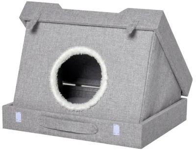 Grey Cat Retreat: Foldable Wooden 2-in-1 Kitten House with Cushions