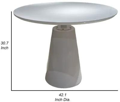 42 Inch Dining Table, Lacquer Round Tabletop, Pedestal Metal Base, White - Benzara