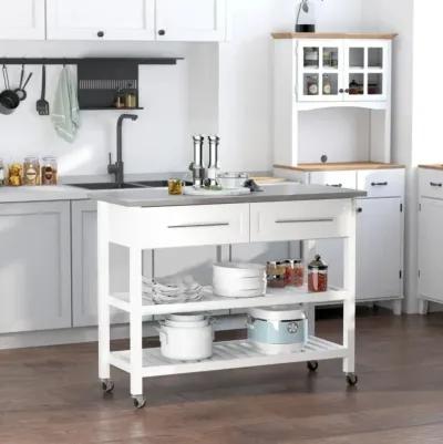 Hivvago White Rolling Kitchen Island 2 Drawers Storage with Stainless Steel Top