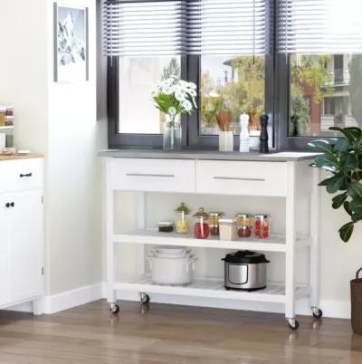 Hivvago White Rolling Kitchen Island 2 Drawers Storage with Stainless Steel Top