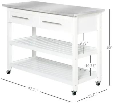 Hivvago White Rolling Kitchen Island 2 Drawers Storage with Stainless Steel Top