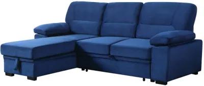 Exie 98 Inch 2 Piece Sectional Sofa, Pull Out Bed, Storage, Blue Velvet-Benzara