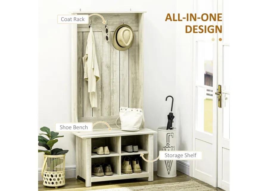 White Entryway Organizer: Hall Tree with Shoe Bench & Coat Rack