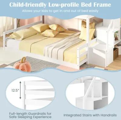 Hivvago Solid Wood Twin Over Full Low Bunk Bed with Storage Stairs