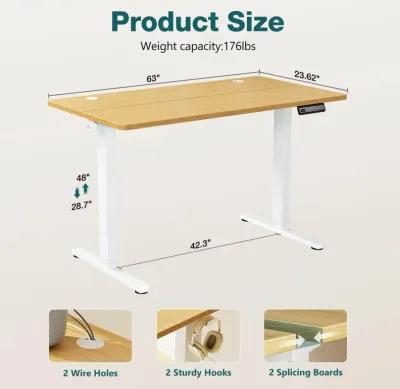 Electric Height Adjustable Standing Desk, Sit To Stand Ergonomic Computer Desk, Yellow, 63" X 24"