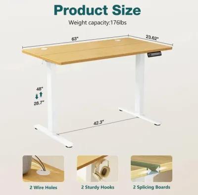 Electric Height Adjustable Standing Desk, Sit To Stand Ergonomic Computer Desk, Yellow, 63" X 24"