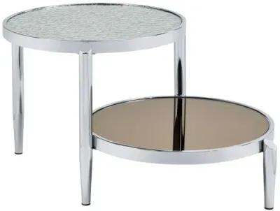 Homezia 37" Chrome And Silver Mirrored Two Tier Round Mirrored Coffee Table