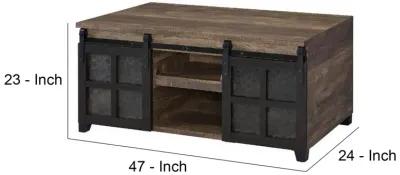 Coffee Table with 2 Barn Sliding Glass Doors and Pull Out Tray, Brown-Benzara