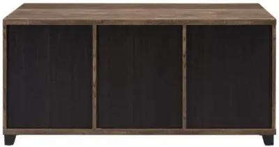 Coffee Table with 2 Barn Sliding Glass Doors and Pull Out Tray, Brown-Benzara