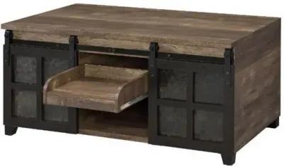 Coffee Table with 2 Barn Sliding Glass Doors and Pull Out Tray, Brown-Benzara