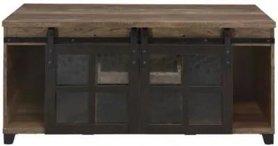 Coffee Table with 2 Barn Sliding Glass Doors and Pull Out Tray, Brown-Benzara