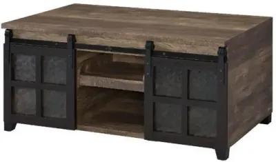 Coffee Table with 2 Barn Sliding Glass Doors and Pull Out Tray, Brown-Benzara