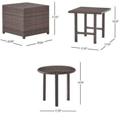 Limo Outdoor 3 Piece Set with Round, Square, and Ottoman Tables, Brown - Benzara