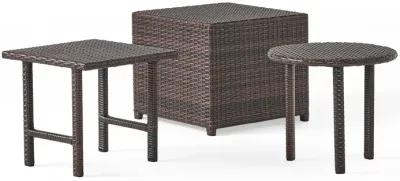 Limo Outdoor 3 Piece Set with Round, Square, and Ottoman Tables, Brown - Benzara