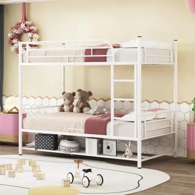 Twin Over Twin Metal Bunk Bed With Shelf And Guardrails, White