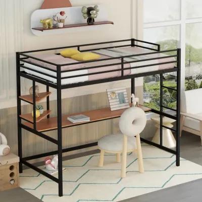 Twin Metal Loft Bed With Desk And Shelf