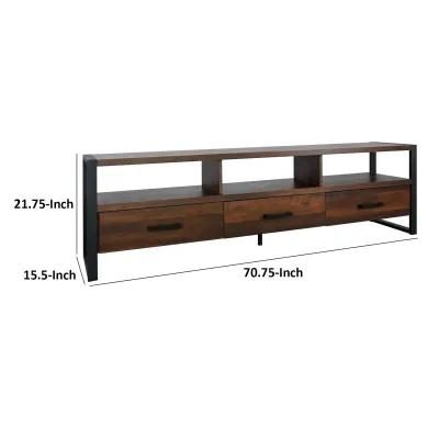 Anny 71 Inch TV Media Entertainment Center, 3 Drawers, Black, Dark Brown - Benzara