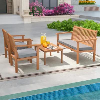 4 Piece Patio Wood Furniture Set Acacia Wood Sofa Set with Loveseat