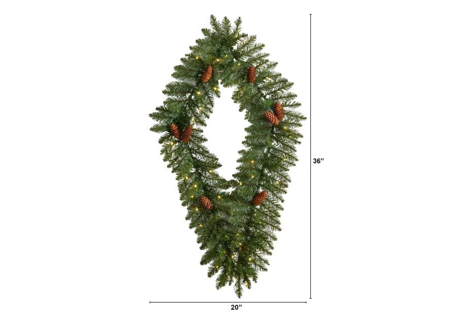 HomPlanti 3' Holiday Christmas Geometric Diamond Wreath with Pinecones and 50 Warm White LED Lights