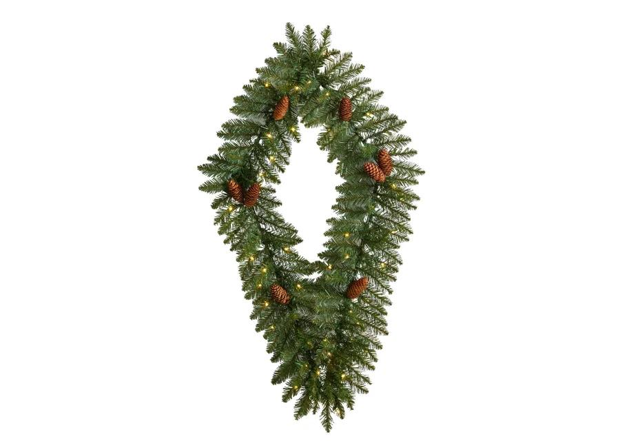 HomPlanti 3' Holiday Christmas Geometric Diamond Wreath with Pinecones and 50 Warm White LED Lights