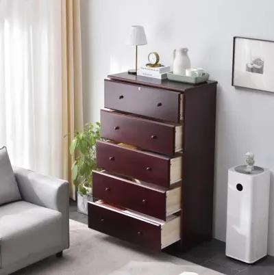 Better Home Products Isabela Solid Pine Wood 5 Drawer Chest Dresser in Mahogany