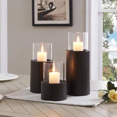 Danya B. Contemporary Candle Holder Set (3) With Clear Glass Hurricanes And Textured Metal Base