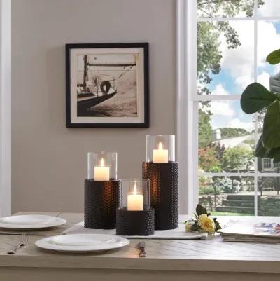 Danya B. Contemporary Candle Holder Set (3) With Clear Glass Hurricanes And Textured Metal Base