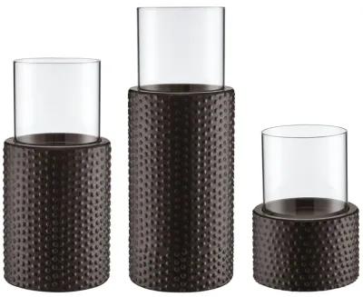 Danya B. Contemporary Candle Holder Set (3) With Clear Glass Hurricanes And Textured Metal Base