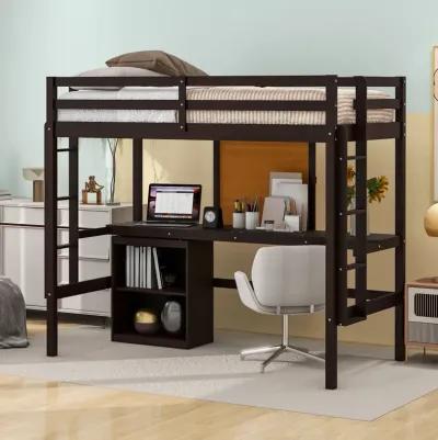 Twin Size Loft Bed With Desk And Writing Board, Wooden Loft Bed With Desk & 2 Drawers Cabinet