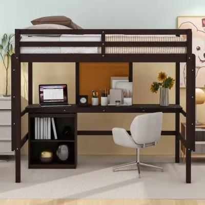 Twin Size Loft Bed With Desk And Writing Board, Wooden Loft Bed With Desk & 2 Drawers Cabinet