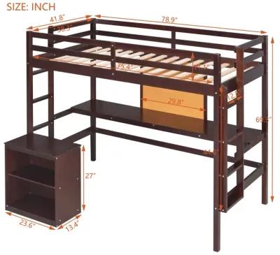 Twin Size Loft Bed With Desk And Writing Board, Wooden Loft Bed With Desk & 2 Drawers Cabinet