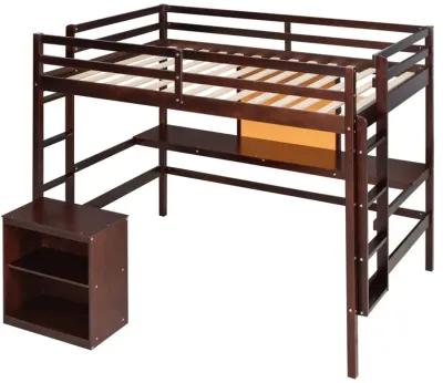 Twin Size Loft Bed With Desk And Writing Board, Wooden Loft Bed With Desk & 2 Drawers Cabinet