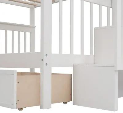 Stairway Full-Over-Full Bunk Bed With Drawer, Storage And Guard Rail For Bedroom