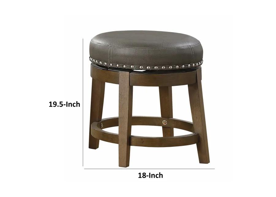 Bara 20 Inch Swivel Dining Stool, Gray Round Faux Leather, Set of 2, Brown - Benzara