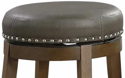 Bara 20 Inch Swivel Dining Stool, Gray Round Faux Leather, Set of 2, Brown - Benzara