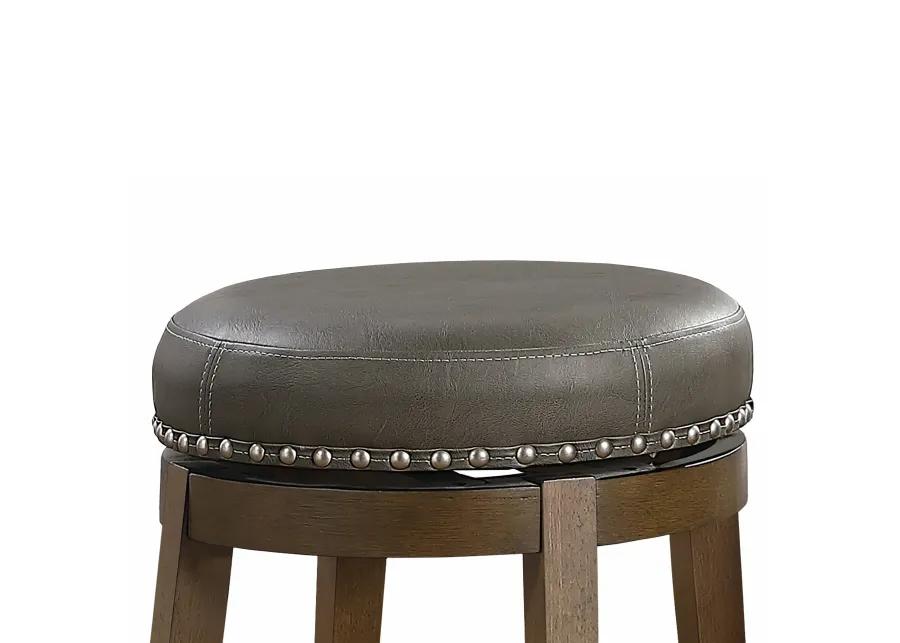 Bara 20 Inch Swivel Dining Stool, Gray Round Faux Leather, Set of 2, Brown - Benzara