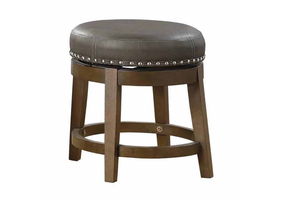 Bara 20 Inch Swivel Dining Stool, Gray Round Faux Leather, Set of 2, Brown - Benzara