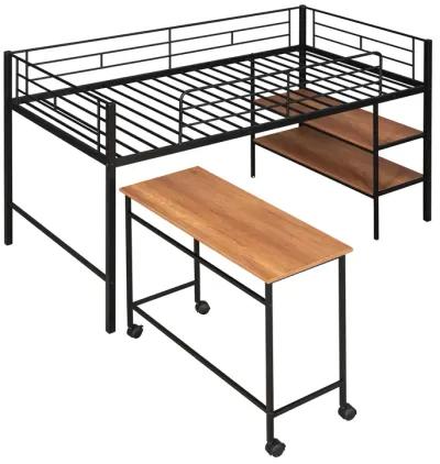 Merax Metal Loft Bed with Movable Desk and Shelves