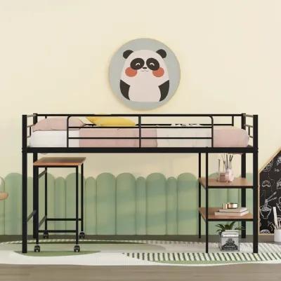 Merax Metal Loft Bed with Movable Desk and Shelves