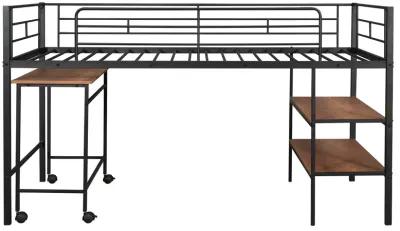 Merax Metal Loft Bed with Movable Desk and Shelves