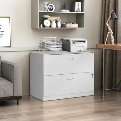 30-Inch White Wooden Lateral File Cabinet with Two Spacious Drawers, One Lockable - Suitable for Home Office, Offering Ample Space for Documents, Supplies, and Printer Stand Needs