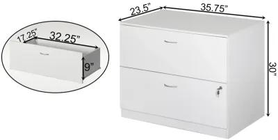 30-Inch White Wooden Lateral File Cabinet with Two Spacious Drawers, One Lockable - Suitable for Home Office, Offering Ample Space for Documents, Supplies, and Printer Stand Needs