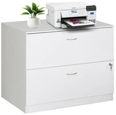 30-Inch White Wooden Lateral File Cabinet with Two Spacious Drawers, One Lockable - Suitable for Home Office, Offering Ample Space for Documents, Supplies, and Printer Stand Needs