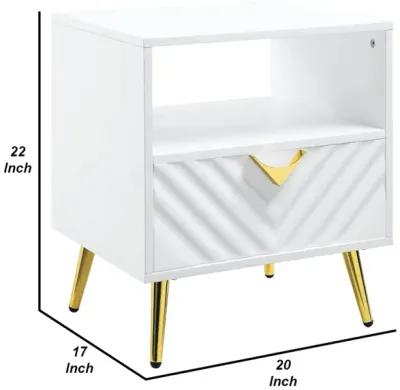 Tyra 22 Inch Wood End Table with Open Space, Wave Pattern, White, Gold-Benzara