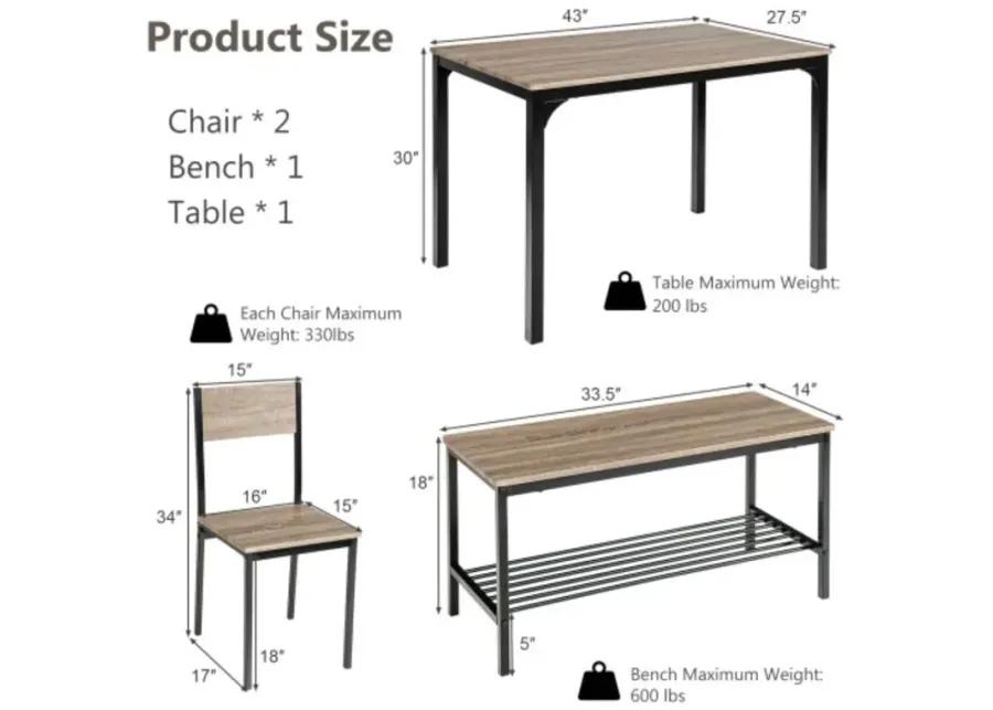 4 Pieces Rustic Dining Table Set with 2 Chairs and Bench