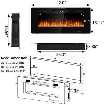 42 Inch Recessed Ultra Thin Electric Fireplace with Timer