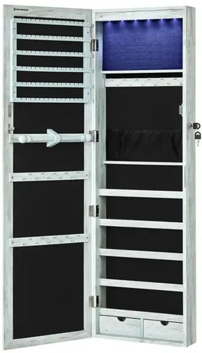 Wall/Door Mounted Jewelry Armoire 6-LED Mirror Cabinet with Lock, 2 Drawers, and Organizer