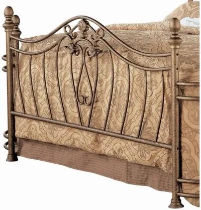 Metal Queen Headboard and Footboard with Swirling Floral Motifs, Antique Gold - Benzara