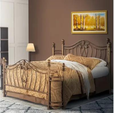 Metal Queen Headboard and Footboard with Swirling Floral Motifs, Antique Gold - Benzara