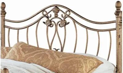 Metal Queen Headboard and Footboard with Swirling Floral Motifs, Antique Gold - Benzara